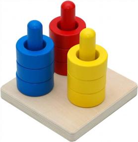 img 3 attached to 🧩 Elite Montessori 3 Wooden Color Discs on Colored Dowels for Infants 6+ Months, Building Brain Development and Eye-Hand Coordination Skills