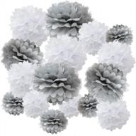wyzworks assorted set of 16 tissue paper flower pom poms - 8" 12" 14" party table wall decorations for wedding decor, halloween, birthday (grey color pack) logo