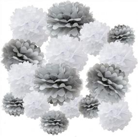 img 3 attached to WYZworks Assorted Set Of 16 Tissue Paper Flower Pom Poms - 8" 12" 14" Party Table Wall Decorations For Wedding Decor, Halloween, Birthday (Grey Color Pack)