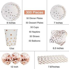 img 3 attached to 🎉 300-Piece Rose Gold Paper Party Supplies Set - Disposable Dinnerware with Rose Gold Dots - 50 Dinner Plates, 50 Dessert Plates, 50 Cups, 50 Napkins, 50 Straws, and 50 Balloons - Perfect for Birthday Parties, Weddings, and Holiday Celebrations