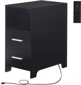 img 4 attached to Modern Narrow End Table With USB Charging Station, 2 Drawers, And Power Outlets - Sleek Nightstand For Bedrooms, Living Rooms, And Small Spaces - Black Finish