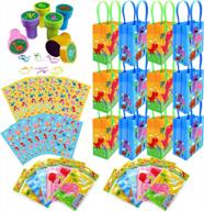 tiny mills dinosaur birthday party assortment favor set of 108 pcs (12 large party favor treat bags with handles, 24 self-ink stamps for kids, 12 sticker sheets, 12 coloring books, 48 crayons) logo