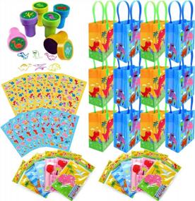 img 4 attached to Tiny Mills Dinosaur Birthday Party Assortment Favor Set Of 108 Pcs (12 Large Party Favor Treat Bags With Handles, 24 Self-Ink Stamps For Kids, 12 Sticker Sheets, 12 Coloring Books, 48 Crayons)