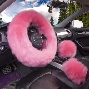 img 2 attached to 🎀 Yontree Cute Fluffy Steering Wheel Covers for Women 15 Inch, Pink: Australia Pure Wool Set of 3