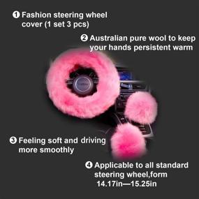 img 1 attached to 🎀 Yontree Cute Fluffy Steering Wheel Covers for Women 15 Inch, Pink: Australia Pure Wool Set of 3
