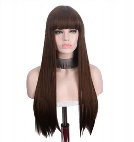 img 3 attached to Synthetic Brown Hair Long Straight Wig With Bangs For Women Anxin