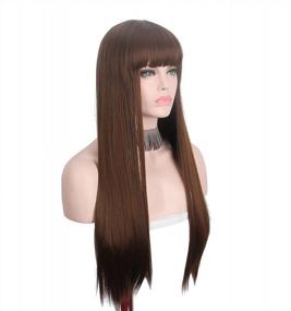 img 4 attached to Synthetic Brown Hair Long Straight Wig With Bangs For Women Anxin