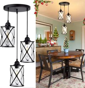 img 3 attached to Vintage Industrial Pendant Light - Black Metal Cage Chandelier with Glass Shade, Ideal for Kitchen, Dining Room, Hallway, and Bedroom - DLLT 3-Light Flush Mount Fixture with E26 Base