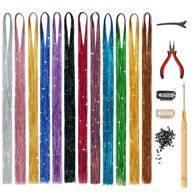 barsdar hair tinsel kit with tool, 12 colors 2400 strands shiny tinsel hair extensions fairy glitter sparkling hair for women colorful hair highlights for christmas halloween cosplay party logo
