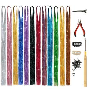 img 4 attached to BARSDAR Hair Tinsel Kit With Tool, 12 Colors 2400 Strands Shiny Tinsel Hair Extensions Fairy Glitter Sparkling Hair For Women Colorful Hair Highlights For Christmas Halloween Cosplay Party