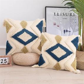 img 3 attached to Light Yellow & Blue Boho Pillow Covers 18X18 Inches - Modern Diamond Pattern Decorative Tufted Soft Woven For Couch Sofa Bedroom Living Room