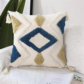 img 4 attached to Light Yellow & Blue Boho Pillow Covers 18X18 Inches - Modern Diamond Pattern Decorative Tufted Soft Woven For Couch Sofa Bedroom Living Room