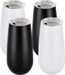 double insulated stemless champagne flute tumbler set of 4 with lid - unbreakable and reusable - perfect gift for friends and family for christmas and birthdays - 6oz capacity, black and white logo