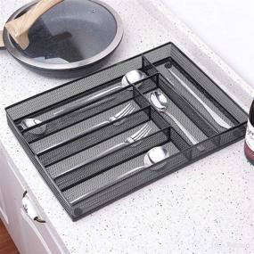 img 1 attached to 🔪 Stylish and Practical: 6-Compartment Metal Mesh Kitchen Flatware Organizer Tray with Non-Slip Mat - Silverware Drawer Organizer, Utensil Holder, and Cutlery Tray in Elegant Black