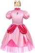 princess peach costume for girls: puff sleeve dress and crown fairy outfit for halloween, christmas, carnival cosplay logo