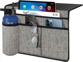 img 4 attached to Grey Linen Bedside Caddy With 4 Pockets For Remote Control, Phone, Magazine, IPad, And Tablet - Joywell Bedside Storage Organizer Insert For Mattress