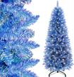 blue 6-foot laser-lit prelit christmas tree with 250 lights, realistic premium hinged branches, glitter, and easy assembly metal stand logo