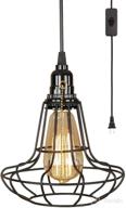 efinehome 1 light hanging swag lamp with plug in 15 ft cord on/off switch with pull chain- black industrial vintage cage pendant light (lampshade cage b) logo