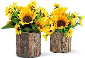 img 4 attached to 2 Pack Artificial Sunflowers In Log Planters For Spring Decor, Table Centerpiece Mothers Day Home Bedroom Farmhouse Rustic Decoration, Yellow