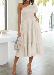 img 3 attached to Women'S Boho Summer One Shoulder Smocked Ruffle Swing Midi Dress With Short Sleeve And Side Split