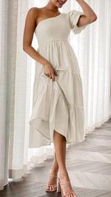 img 2 attached to Women'S Boho Summer One Shoulder Smocked Ruffle Swing Midi Dress With Short Sleeve And Side Split