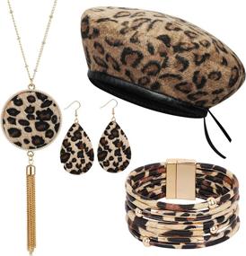 img 4 attached to 4PCS Leopard Print Jewelry Set For Women - Earrings, Beret Hat, Tassel Pendant Necklace & Bracelet - Birthday/Wedding/Anniversary/Mothers Day Gift