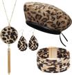4pcs leopard print jewelry set for women - earrings, beret hat, tassel pendant necklace & bracelet - birthday/wedding/anniversary/mothers day gift logo