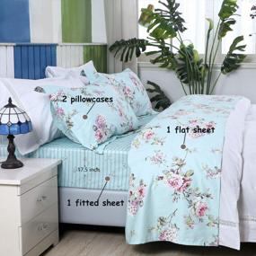 img 2 attached to FADFAY Sheet Set King Farmhouse Bedding Rose And Hydrangea Flower Printed 100% Cotton Blue Floral Bed Sheet Shabby Vintage Deep Pocket Fitted Sheet 4-Pieces King