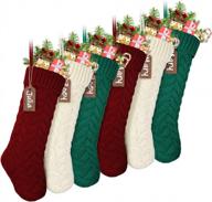 6 pack 18" large cable knit christmas stockings with name tags - burgundy red, ivory white, green chunky hand stockings logo