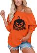 women's halloween off shoulder sweatshirt: pumpkin face skeleton print funny pullover top 1 logo