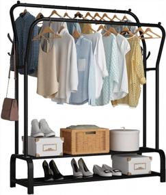img 4 attached to Organize Your Wardrobe With UDEAR Double Rod Garment Rack: Multi-Functional, Freestanding, With Double Layer And 4 Hooks - Black