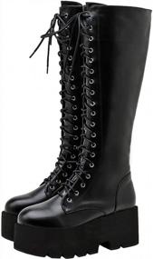 img 4 attached to Women'S Caradise Wedge Knee High Lace Up Goth Platform Biker Boots