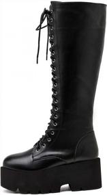 img 2 attached to Women'S Caradise Wedge Knee High Lace Up Goth Platform Biker Boots