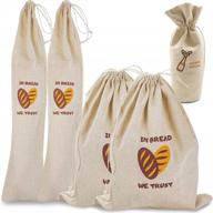 keep your bread fresh longer with linen bread bags - set of 4 drawstring bags for homemade loaves, baguettes, and artisan breads, plus bonus wine holder logo