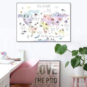 img 1 attached to Vlejoy Pink Animal World Map Poster: 🌍 Nursery Map Print for Girl Bedroom Decor & Classroom