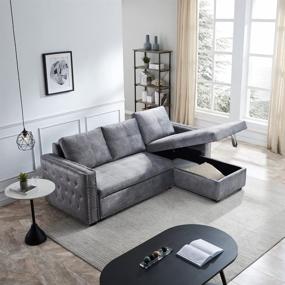 img 1 attached to Серый L-образный 3-местный спальный секционный диван с выдвижной кроватью и шезлонгом для хранения - Двусторонний трансформируемый диван с акцентом из медных гвоздей для мебели для гостиной от Merax