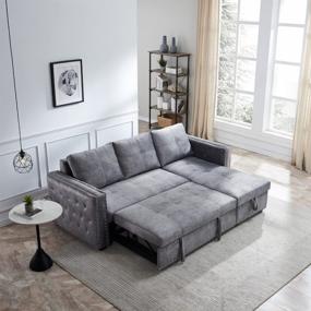 img 2 attached to Серый L-образный 3-местный спальный секционный диван с выдвижной кроватью и шезлонгом для хранения - Двусторонний трансформируемый диван с акцентом из медных гвоздей для мебели для гостиной от Merax