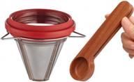 red portable micage paper-free coffee filter and sapele wooden spoon set with stainless steel drip filter - ideal for travel and homes logo