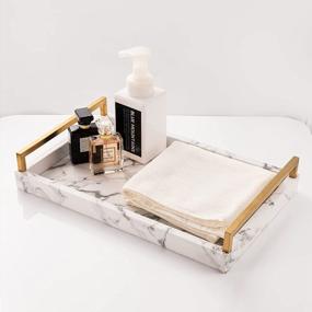 img 2 attached to White Marble Rectangle Faux Leather Tray With Brushed Ti-Gold Stainless Steel Handle For Serving, Coffee Table, Ottoman, Bathroom Vanity
