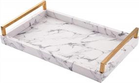img 3 attached to White Marble Rectangle Faux Leather Tray With Brushed Ti-Gold Stainless Steel Handle For Serving, Coffee Table, Ottoman, Bathroom Vanity
