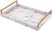 white marble rectangle faux leather tray with brushed ti-gold stainless steel handle for serving, coffee table, ottoman, bathroom vanity logo