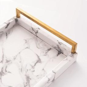 img 1 attached to White Marble Rectangle Faux Leather Tray With Brushed Ti-Gold Stainless Steel Handle For Serving, Coffee Table, Ottoman, Bathroom Vanity