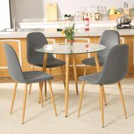 modern dining table set for 4 - round glass table and 4 fabric chairs for small spaces - dining room furniture set for home with deep grey upholstery logo