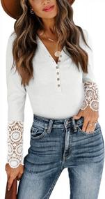 img 4 attached to Women'S V-Neck Button Up Lace Long Sleeve Bodysuit Tops Casual Henley Shirts
