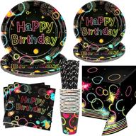 glow neon party supplies kit - 16 plates, napkins, cups, tablecloth & straws for let's glow theme decoration logo