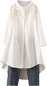 img 4 attached to Women'S Long Sleeve Cotton Linen Shirt - High Low Button Down Embroidered Blouse Tunic Top By Minibee