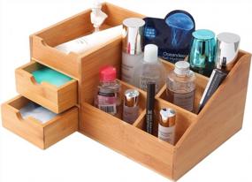 img 4 attached to Bamboo Makeup Organizer With Drawers, Cosmetic Tray Brush Holder For Vanity Countertop Or Dresser Top Storage