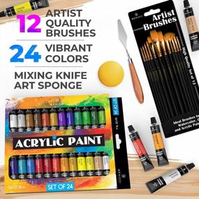 img 3 attached to Complete Acrylic Paint Set – 24Х Rich Pigment Colors – 12X Art Brushes With Bonus Paint Art Knife & Sponge – For Painting Canvas, Clay, Ceramic & Crafts, Non-Toxic & Quick Dry – For Kids & Adults