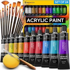 img 4 attached to Complete Acrylic Paint Set – 24Х Rich Pigment Colors – 12X Art Brushes With Bonus Paint Art Knife & Sponge – For Painting Canvas, Clay, Ceramic & Crafts, Non-Toxic & Quick Dry – For Kids & Adults
