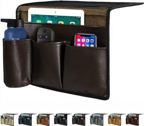img 4 attached to Organize Your Bedside Essentials With Joywell Leather Bedside Caddy - 4 Pockets, Bottle Holder, And Remote Control Insert For Nightstand, Mattress & Couch - Dark Brown